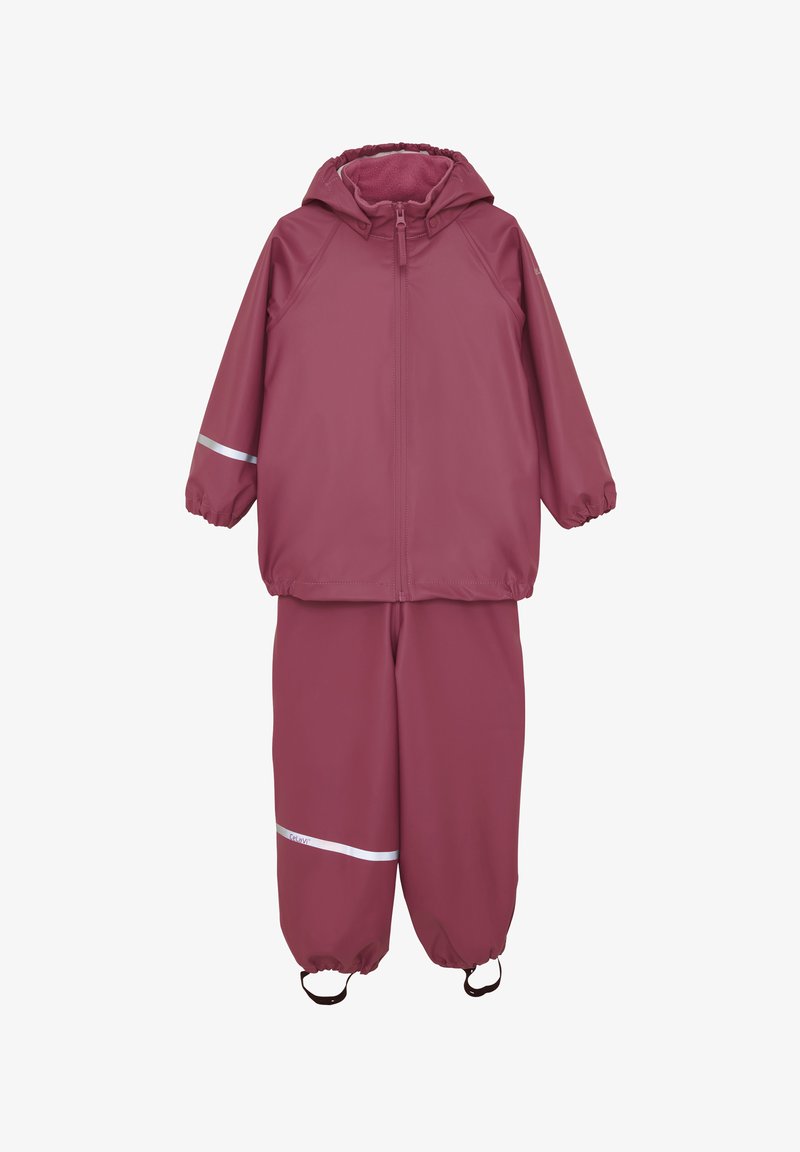 Traje impermeable de dos piezas para niños en rosa apagado con chaqueta con capucha, puños elásticos, bandas reflectantes y correas ajustables en los tobillos.