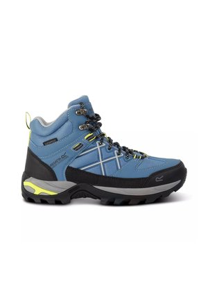 Blue and black waterproof hiking boot with yellow accents, padded ankle support, and rugged sole for outdoor terrain.