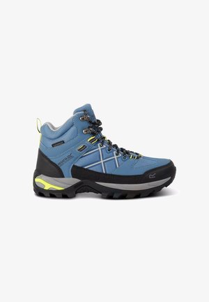 Scarponcino da trekking blu e nero impermeabile con dettagli gialli, supporto imbottito alla caviglia e suola robusta per terreni esterni.