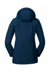 Marinblå vattentät jacka med huva, med en slät textur, justerbara ärmmuddar och en dragsko i midjan för en figursydd siluett.