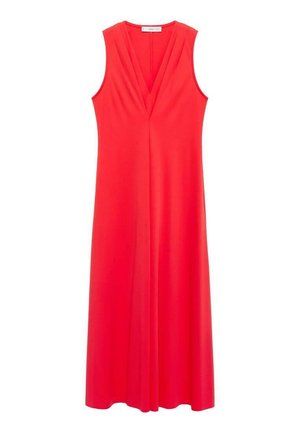 Rdeča obleka brez rokavov z globokim izrezom v obliki črke V, s tekočo A-linijsko silhueto, iz mehkega blaga, z nežnimi gubami okoli ovratnika.