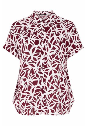 Kortærmet skjorte med knapper, med bordeaux og hvidt abstrakt bladmotiv og klassisk krave.