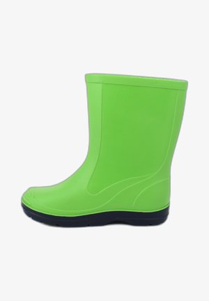Grüner Gummistiefel mit glatter Oberfläche, rundem Zehenbereich und schwarzer Sohle. Entwickelt für den wasserdichten Einsatz, in mittlerer Schafthöhe.