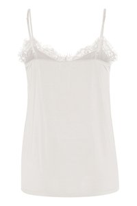 Caraco en satin blanc sans manches avec bordure en dentelle le long de l'encolure et fines bretelles réglables.