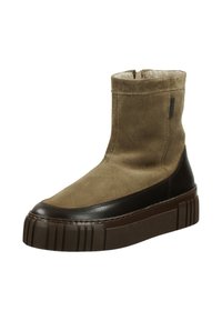 Brown suede ankle boot with a black synthetic leather accent and a thick brown outsole. Features a slip-on design and padded collar.