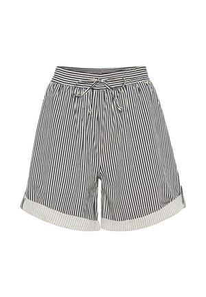 Svītrainas šortos, kas izgatavoti no viegla auduma, ar elastīgu jostasvietu, auklu detaļu un sarullētām piedurknēm, jūras zilā un krēmkrāsas toņos.