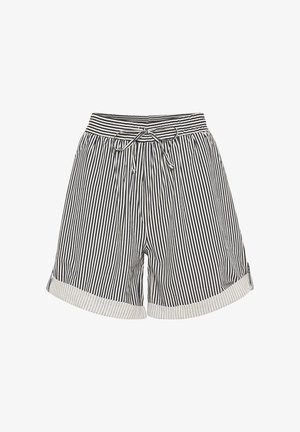 Svītrainas šortos, kas izgatavoti no viegla auduma, ar elastīgu jostasvietu, auklu detaļu un sarullētām piedurknēm, jūras zilā un krēmkrāsas toņos.