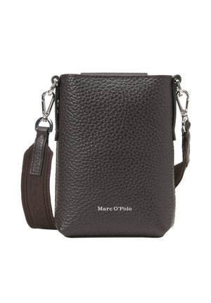 Dark brown leather crossbody bag with a textured finish, featuring a silver hardware clasp and a branded strap. Compact rectangular design.