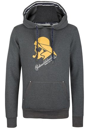 Ciemnoszara bluza z kapturem z kieszenią z przodu, granatowymi sznurkami i żółtą grafiką mężczyzny z kapeluszem i fajką na piersi.