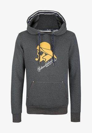 Dunkelgrauer Kapuzenpullover mit Fronttasche, marineblauen Kordeln und gelbem Grafikmotiv eines Mannes mit Hut und Pfeife auf der Brust.