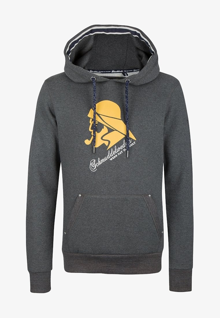 Sweat à capuche gris foncé avec poche avant, cordons bleu marine et graphisme jaune d’un homme avec un chapeau et une pipe sur la poitrine.