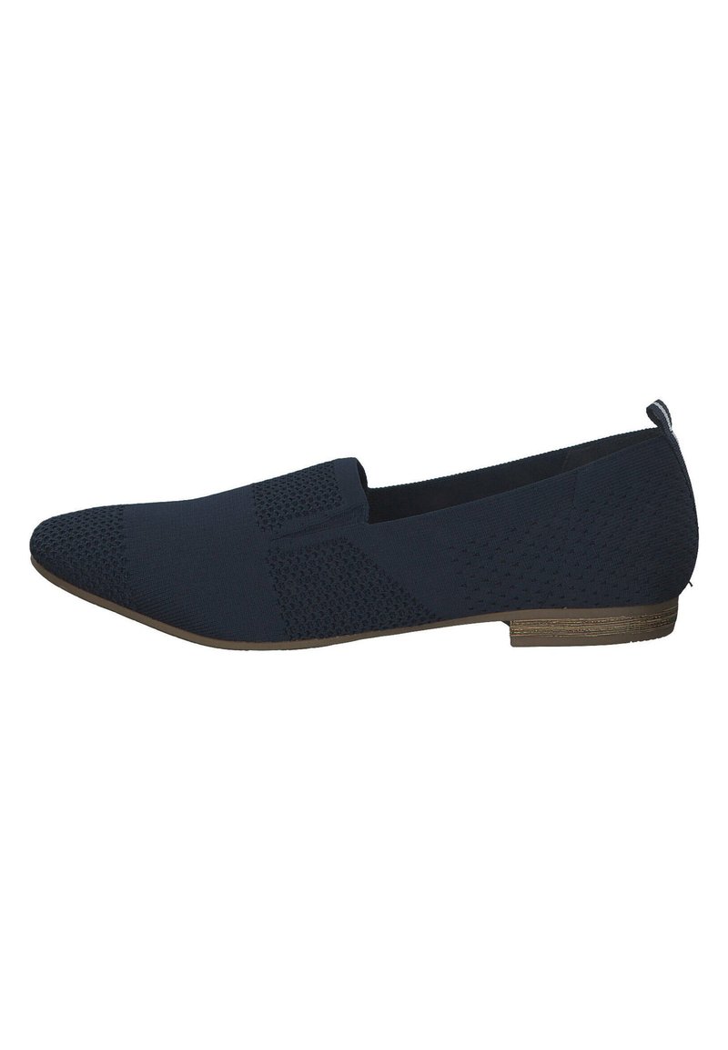 Navy blue slip-on shoe with a textured pattern on the upper, featuring a pointed toe and a low, brown heel. Minimalist design.