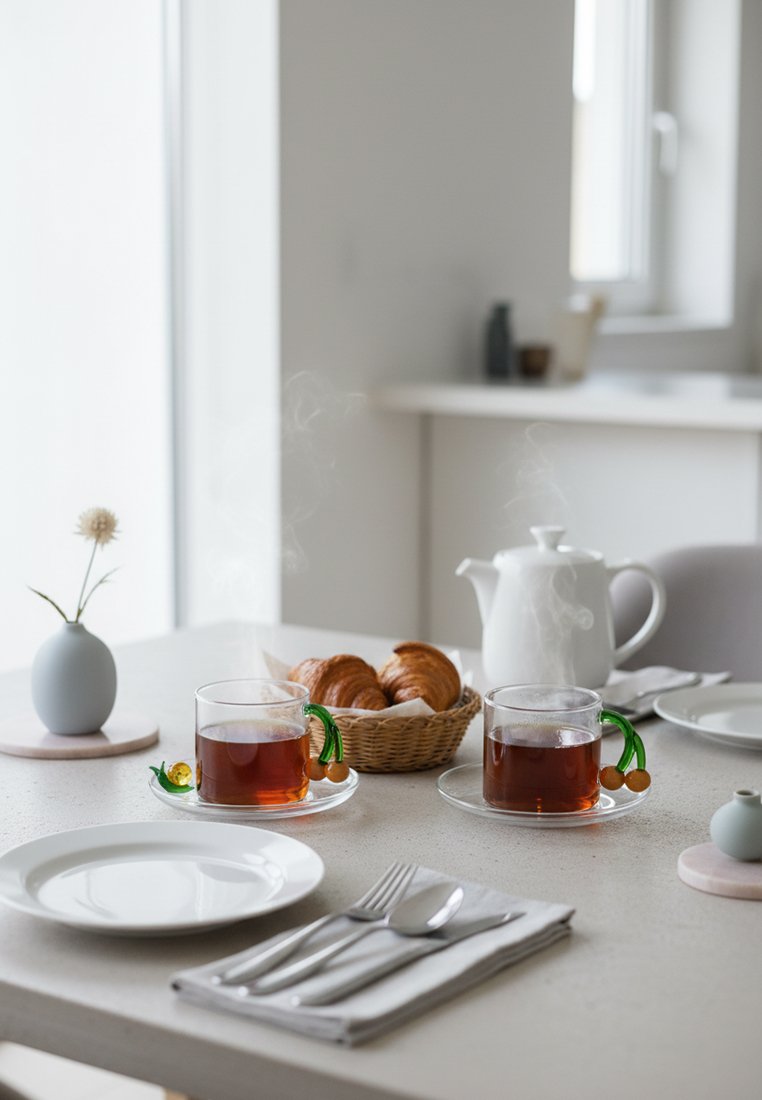 Dwa parujące filiżanki herbaty z uchwytami w kształcie wiśni, rogaliki w koszyku oraz białe talerze ustawione na jasnym stole kuchennym przy oknie.