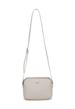 Piccola borsa a tracolla rettangolare beige con tracolla regolabile e zip superiore, con il marchio "DIANA&CO COLLECTION" sul davanti.