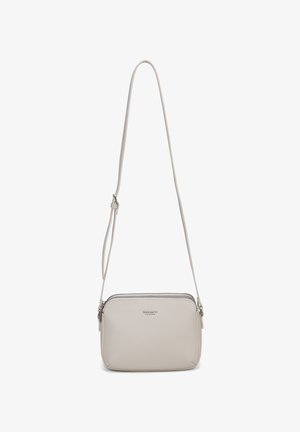 Kleine beige rechthoekige crossbodytas met verstelbare riem en bovenste rits, met het merk "DIANA&CO COLLECTION" aan de voorkant.
