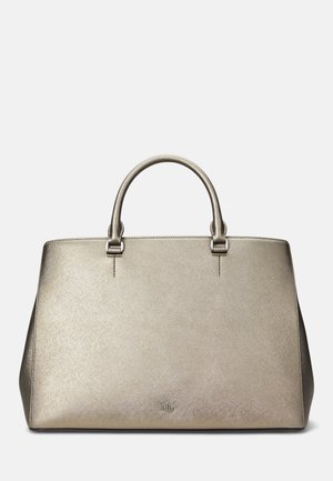 Bolso estructurado de color oro metálico con dos asas redondeadas y un sutil logo RLL en relieve en el centro inferior delantero.