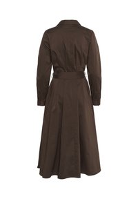 Brown, long-sleeved dress with a collar, belted waist, and pleated skirt. Made of smooth fabric, featuring buttoned cuffs and a tailored fit.