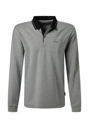 Langärmeliges Poloshirt in Grau mit strukturiertem Muster. Schwarzer Kragen mit weißem Streifen, Knopfleiste und kleiner Brusttasche.