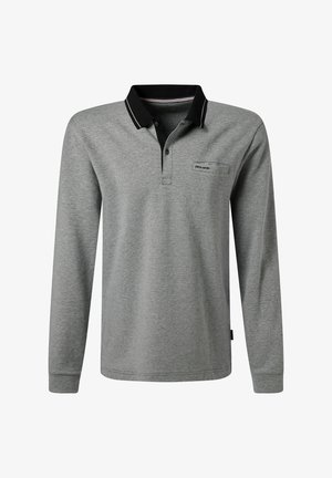Langärmeliges Poloshirt in Grau mit strukturiertem Muster. Schwarzer Kragen mit weißem Streifen, Knopfleiste und kleiner Brusttasche.