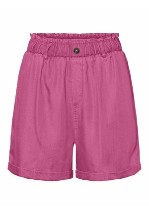 Lyserøde shorts med høj talje, elastik i taljen, enkelt knaplukning, bæltestropper, sidelommer og opbukket kant.