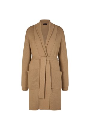 Beige Strickjacke mit langen Ärmeln, Schalkragen, Gürtel in der Taille und zwei vorderen Taschen. Rippstricktextur und offenes Design.