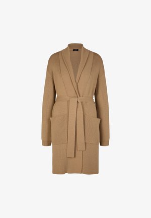 Beige gebreide cardigan met lange mouwen, sjawl-kraag, riem in de taille en twee voorkeepockets. Ribbels textuur en open voorkant ontwerp.