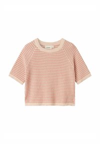 Top corto a maniche corte di colore rosa, realizzato in maglia con un motivo a esagoni testurizzato, e un collo e un orlo a costine di un rosa chiaro a contrasto.
