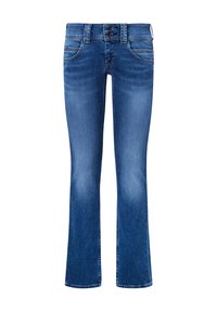 Uppslagna blå jeans i denim med midjan i normalhöjd, femficka design och subtila slitningar framtill.