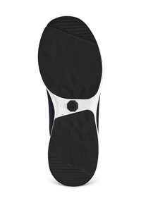 Semelle de chaussure avec un motif en caoutchouc noir texturé présentant des formes de feuilles, une semelle intermédiaire blanche et un accent circulaire au centre de la taille 41.