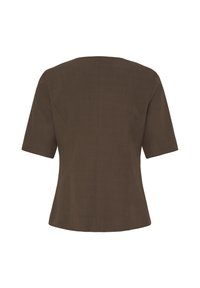 Veste marron à manches courtes, cintrée à la taille avec des détails de couture au dos, vue de dos sur fond blanc.