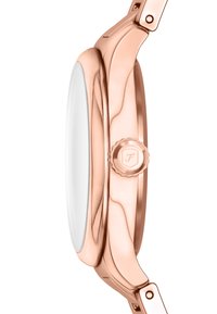 Rose gold wristwatch featuring a smooth, polished metal case, curved shape, and a crown with an embossed logo. Transparent glass face.