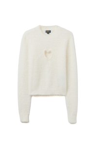 Maglione corto bianco realizzato in materiale morbido e peloso. Presenta un piccolo dettaglio a forma di cuore sul davanti. Maniche lunghe e scollo tondo.