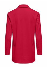 Rode blazer met lange mouwen en een notch-kraag, slank ontwerp, gladde textuur en een op maat gemaakte pasvorm. Geen zichtbare hardware of patronen.