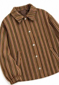 Veste marron avec des rayures verticales multicolores, boutons-pression, col pointu et poignets élastiques aux manches longues.