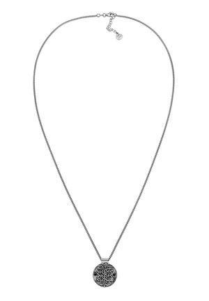 Silver chain necklace featuring a round, textured pendant with an intricate tree design. The chain is thin and flexible with a clasp closure.