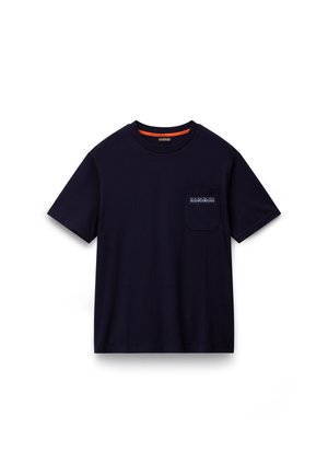 Navy T-shirt with crew neck and short sleeves, featuring a pocket with embroidered logo detail. Made of soft cotton fabric.