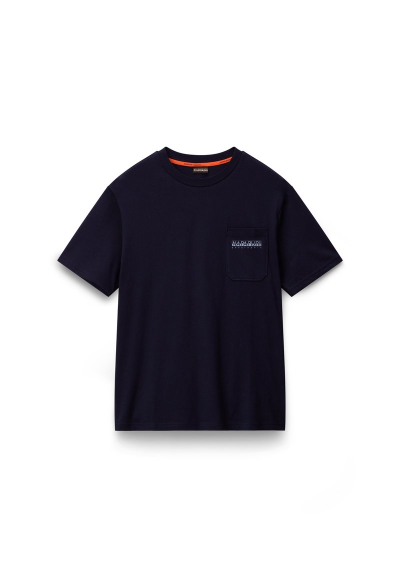 Navy T-shirt with crew neck and short sleeves, featuring a pocket with embroidered logo detail. Made of soft cotton fabric.
