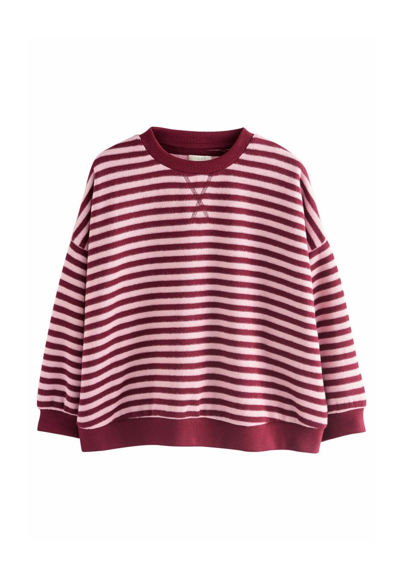Sudadera a rayas en burdeos y rosa, con cuello redondo, hombros caídos y puños y dobladillo acanalados. Tejido de punto suave.