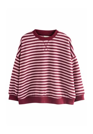 Gestreepte sweatshirt in bordeauxrood en roze, met een ronde halslijn, vallende schouders en geribde manchetten en zoom. Zacht breiwerk.