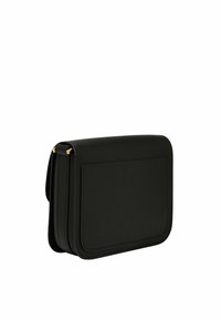 Black leather crossbody bag with a structured rectangular shape. Features a flat exterior pocket and gold hardware accents. Smooth texture.