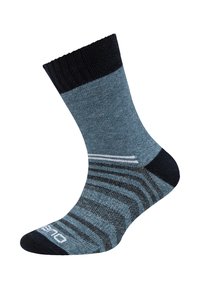 Calzino a righe blu e grigie con risvolto e punta blu navy, realizzato in materiale lavorato a maglia con una sottile texture e una striscia di accento bianca.
