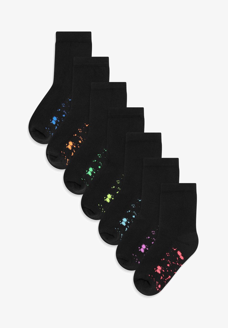 Schwarze Socken mit bunten Splatter-Mustern an der Spitze in verschiedenen Schattierungen von Blau, Orange, Grün, Gelb, Türkis, Pink und lila.