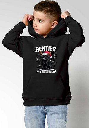 Black hooded sweatshirt featuring a graphic of a black cat wearing a Santa hat and sunglasses, with white text and snowflake accents.