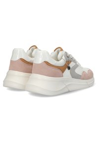 Sneakers with a white patent leather upper, pink suede, brown leather accents, and a chunky white sole. Laces and decorative logo charm included.