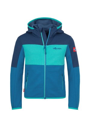 Children’s hooded jacket with horizontal quilted pattern in dark blue, teal, and light blue, with front zipper and Norwegian flag on sleeve.