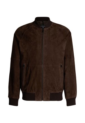 Brązowa zamszowa kurtka bomberka z zamkiem z przodu, ribbowymi mankietami i dwoma bocznymi kieszeniami. Gładka tekstura z luźnym krojem.