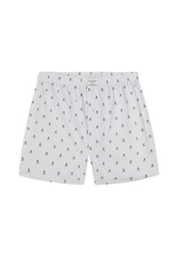 Boxers blancos de hombre con finas rayas verticales y pequeño estampado negro de calaveras y huesos cruzados, cintura elástica y cierre frontal con botones.