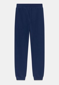 Marineblauwe joggingbroek van zachte stof, met een elastische tailleband en boorden, rechte pijpen, zonder zichtbare patronen of accenten.