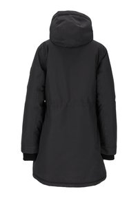 Svart parka-jacka med huva, långa ärmar, elastiska ärmmuddar och dragsko i midjan för formning. Slät, vattentåligt material.