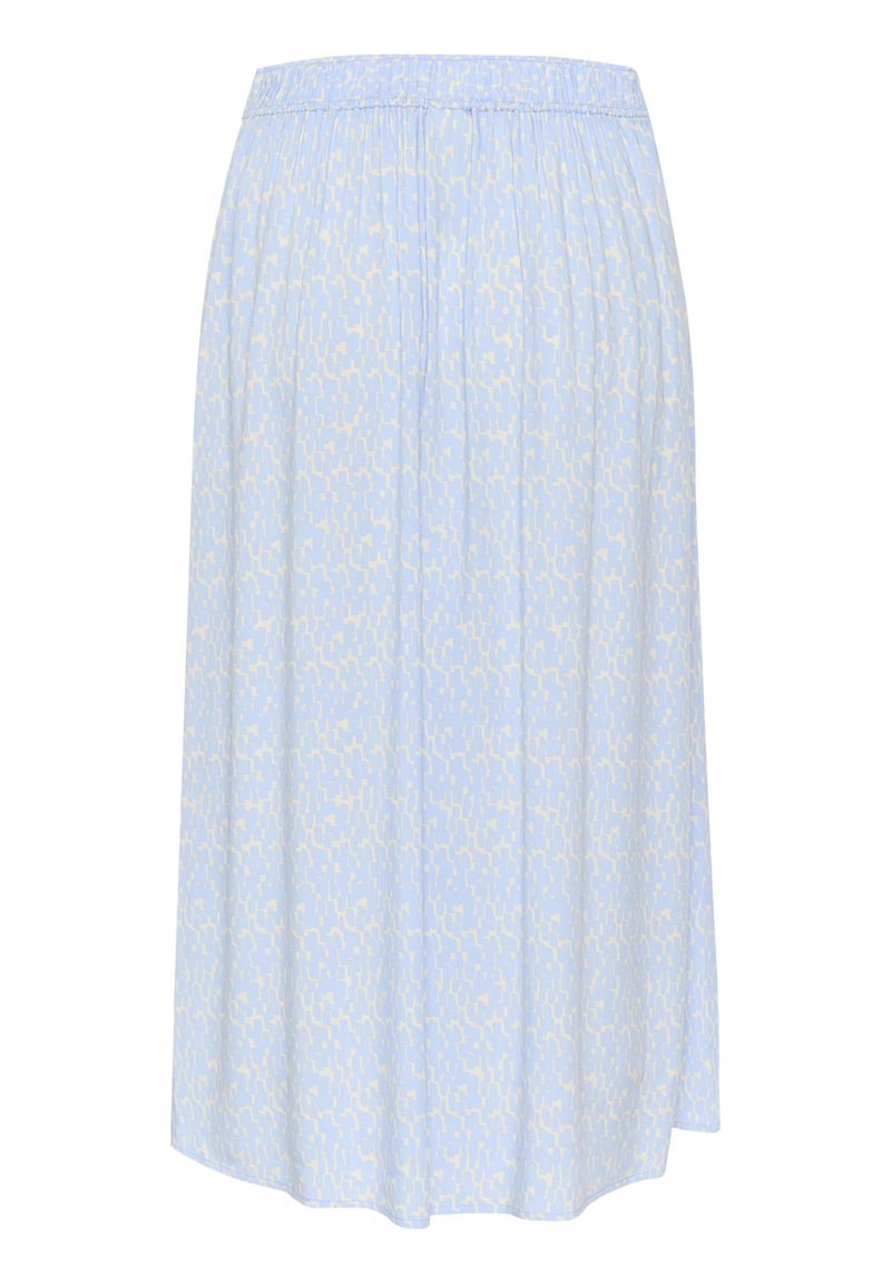 Gonna azzurra chiara con motivo giallo astratto, vita elasticizzata e design fluido. Tessuto morbido con una superficie liscia.